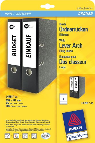 Cover image : Avery Zweckform, L4761-25, Ordner-Etiketten, 25 Blatt, für breite Ordner, kurz, z.B. für Leitz, Elba, Mehle, Bene, Biella, 192 x 61 mm