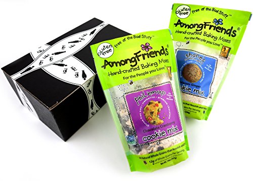 Among Friends Gluten Free Baking Mixes 2-Flavor Variety: One 14 oz Bag of Phil 'Em Up Chocolate Cranberry Cookie Mix and One 12 oz Bag of Shane's Sweet-N-Spicy Molasses Ginger Cookie Mix in a Gift Box