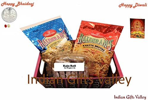 Diwali Bhaidooj Gift Hamper - Kaju Roll, Haldiram Namkeens in a Beautiful Basket