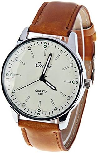 MBrotherQ® Unisex Watch Strips Hour Marks Round Dial Leather Band (Brown)