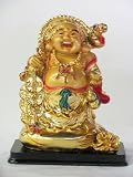 A Golden Happy Buddha (Laughing Buddha) with a Ingot and Money for Feng Shui or Gifts