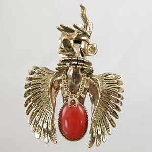 Southwestern Native American Eagle Kachina Pendant in 14 kt. Gold and Coral by Alvin Vanderver, #10849