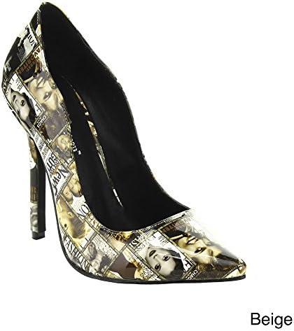 Queen Chateau KELLY-3 Pointy Toe Magzine Print Stiletto Heel Pumps, Color:BEIGE, Size:10