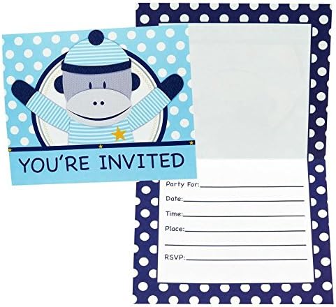 Blue Sock Monkey Party Supplies for 16 Guests This Ultimate Party Pack Includes Table Cover, Cups, Napkins, Plates, Invitations, Stickers, Cupcake Wrappers, Curling Ribbon, Streamer, and Balloons - This Bundle Includes 133 Pieces!