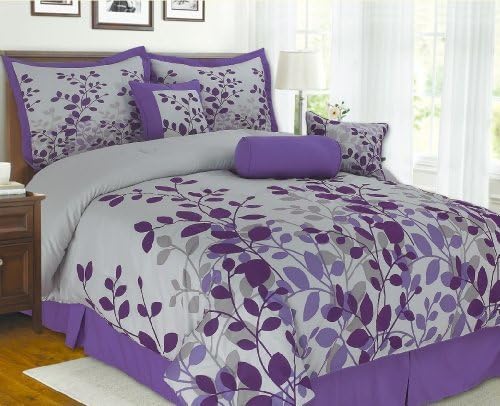 7-Pieces Purple Flocking Leaf Comforter Set Bed-in-a-bag Queen Size