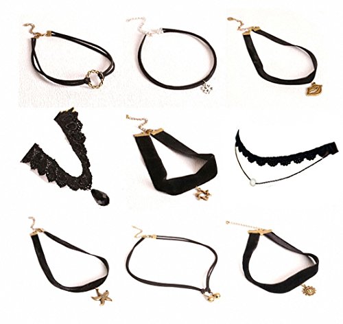 TISDA 9PCS Fashion Women Jewelry Black Tattoo Choker Necklace Elastic Adjustable For Party
