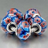 Pugster Handmade Deep Blue Red Flower Pattern Glass Beads (5 Pack )- Pandora Charm & Bracelet Compatible