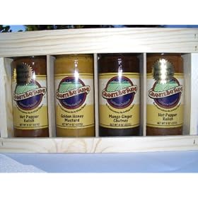 2 Hot Pepper Relish, Mango Ginger Chutney, Golden Honey Mustard, 4 Jar Gift Pack in Wooden... by Granite Bay Farms