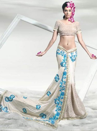 Exclusive Cream Pure Georgette Wrap Dress Women's Saree Sari with Unstitched Blouse