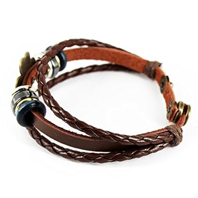 November's Chopin Unique Metal Button Ring Braided Leather Adjustable Wrap Bracelet