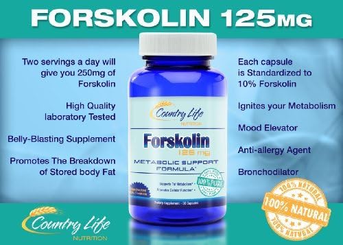 Forskolin 125mg Standardized to 10% - 100% Pure, High Quality Coleus Forskohlii Root Extract for Weight-Loss - 30 Vegetarian Capsules by Country Life Nutrition