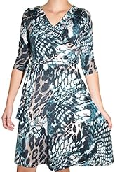 V-neck Polyester/Spandex Reptile Print Belted  Dress With a Sash 