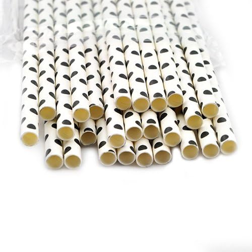 carejoy (TM) 25pcs Biodegradable Paper Drinking Straws Black Ploka Dot 7.75" Retro Vintage Style Durable