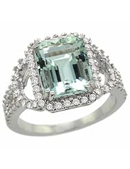 14k White Gold Natural Aquamarine Ring 10x8 mm Emerald Shape Diamond Halo, 1/2inch wide
