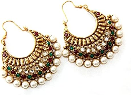 Hyderabad Jewels Women's Fashion Earring Rounded Shaped With Semi Precious Stones Green