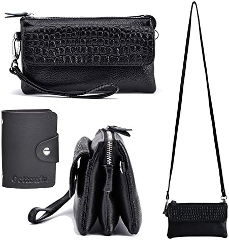 Gottowin Women's Leather Purse Wallet Clutch Handbag Cross-body Bag Organizer w/ Wrist Strap +Card Holder (7.7-Inch , fit iPhone 6 / 6S, Black)