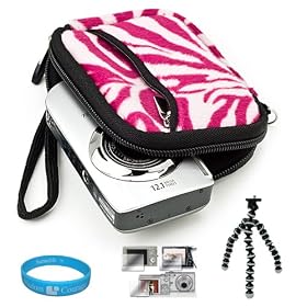 Mini Neoprene Glove Camera Carrying Case with Pink Zebra Fur Exterior for Samsung Camera Model; ST93, ST95, ST90, ST65, ST30, ST700, PL170, PL120, WB210, PL210, SH100 + Universal Clear Screen Protector + Black 6-inch Standard Size Tripod with Flexible Grip Legs + SumacLife TM Wisdom Courage Wristban