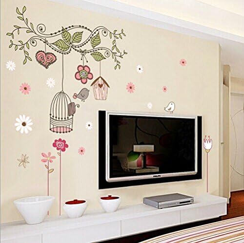 Birdcage Wall Stickers with Scroll Tree, Birdhouse, Birds, and Flowers