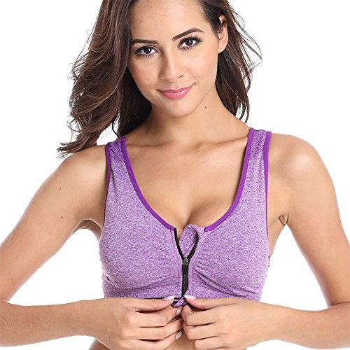 Women's Zip Front Sports Bra Push Up Racerback High Impact Wirefree Gym Bra