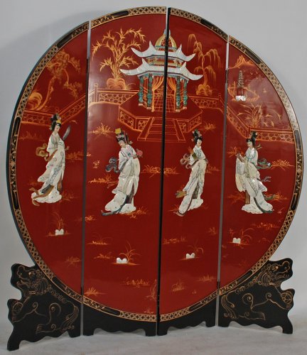 BK0055AY-Round Chinese Wooden Screen Room Divider with Stone Inlay, Contemporary, China, Wood, Lacqu