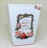 French Vintage White Wastebasket, Trashcan, Trash Holder Basket or Bin ~ E67 Scallop Edge White Metal Waste Basket with Hand Decoupage Old French Soap Label Roses Du Congo.