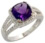 14k White Gold Stone Ring, w/ 0.20 Carat Brilliant Cut Diamonds & 2.15 Carats 8mm Cushion Cut Amethyst Stone, 7/16" (11mm) wide, size 6