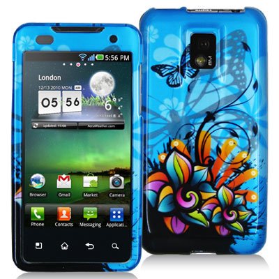 LG P999/G2X/OPTIMUS 2X BRAND PREMIUM PROTECTOR CASE - BUTTERFLY FLOWER ON BLUE