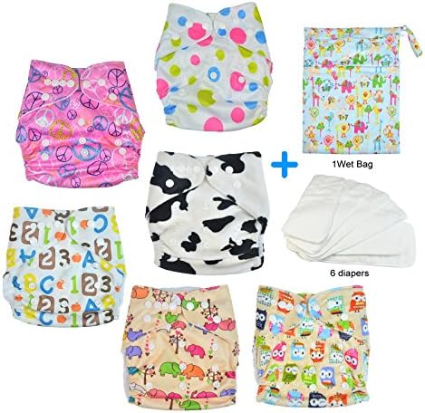 Baby Diapers, Sinbad Adjustable Reusable Cloth Nappy Diaper Training Pants Underwear Include 6 Nappies +6 Refills Inserts +1 Wet Bag fits for babies kids Infant up to 35LBS/15KG (A Color Pack)