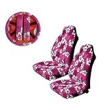 A Set of 5 Pc. Universal-fit Hawaiian Hibiscus Floral Print Front Bucket Seat Cover, Steering Wheel Cover and Shoulder Harness Pressure Relief Cover - Pink