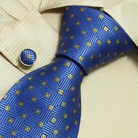 S4023 NEW Designer Hand Made Blue Yellow Checkers Plaids Neck Tie Cufflinks with Presentation Box...