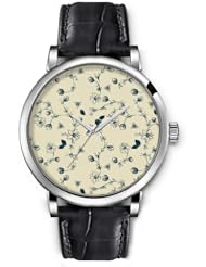 SPRAWL Aanalog Fashion Series Silver Ladies Watches of Genuine Black Leather Strap,Unique Wrist Watch for Women Girls Designed with Pressed flower buds