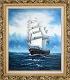 A Big Sailing Ship's Ocean Journey Oil Painting, with Ornate Antique Dark Gold Wood Frame 30 x 26 inches