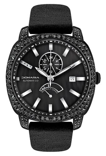 Demaria Men's WPRBL200-1 Black Ion-Plated 2.00c Black Diamond Accented Power Reserve Watch