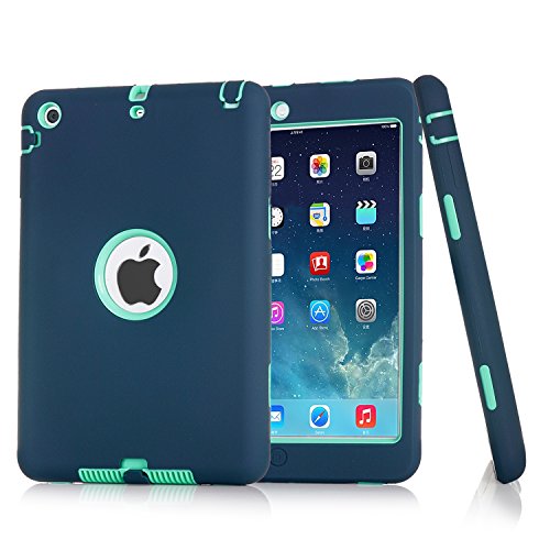 iPad Mini Case, ROKE Fashion 2in1 Hybrid Protective Heavy Duty Protection Shock-absorption Impact Resistant Case For Pad Mini 2/3 Case (Mint Green/Dark Blue)