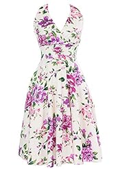 V-neck Lace-Up Shirred Vintage Floral Print Cotton/Spandex Halter  Dress