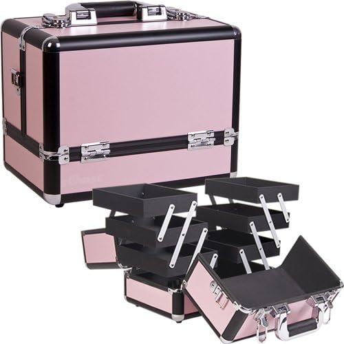 Professional Makeup Artist Make Up Cosmetic Studio Case Organizer With 6 Extendable Trays, Brush Holder, Key Lock, Carrier Handle & Travel Shoulder Strap. Spacious Design To Fit all Cosmetics & Beauty Accessories - Pink & Black Aluminum Trimming