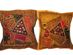 2 Carrot Orange Vintage Sari Banjara Toss Pillow Mirror Embroidery Cushion Covers