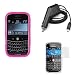 Hot Pink Durable Flexible Soft Silicone Skin Case + Premium Reusable LCD Protector with Lint Cleaning Cloth + Rapid Car Charger for AT&T RIM BlackBerry 9000 Bold Smartphone Image