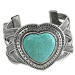 Silvertone Casting Imitation Turquoise Stone Heart Cuff Fashion Bracelet
