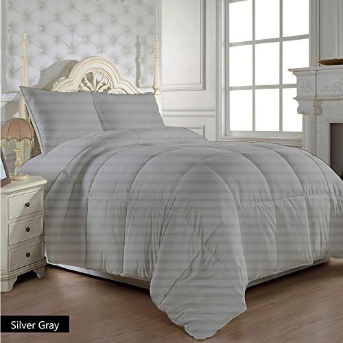 Super Soft 600 Thread Count 1pc Comforter (300 gsm Microfiber Fill Box Stitched) RV Champer Short Queen Size, Silver Gray Stripe 100% Egyptian Cotton