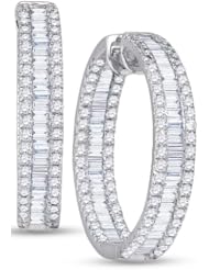 14K White Gold Round Brilliant Cut Diamond - In & Out Invisible & Channel Set Round Circle Hoop Earrings - (3.72 cttw.)