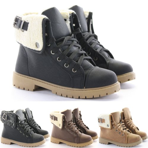 Womens Combat Style Fur Lined Winter Army Worker Military Ankle Boots Flat Punk Goth Shoes Size