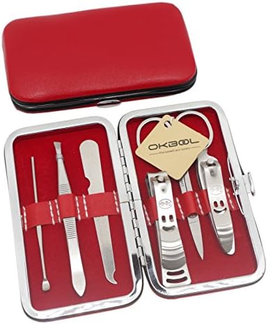 Okbool 6pcs Candy Colors Stainless Steel Manicure Pedicure Set ,Travel &amp; Grooming Set, Personal Care Tools, Nail Scissors Nail Clippers Kit with Leather Case (Red)