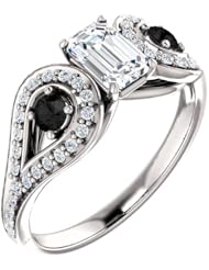 10K White Gold Emerald Cut White and Black Diamond Ring -- LIFETIME WARRANTY