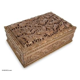 Walnut jewelry box, 'Indian Wildlife' by NOVICA