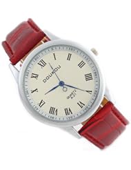 Sotijobs Lovers Men Women Faux Leather Big Dail White Face Rome Number Wrist Casual Sports Watch Red