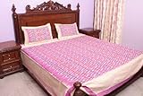 Pink Bedspread with Ikat Weave Hand-Woven in Pochampally - Pure Cotton with ....