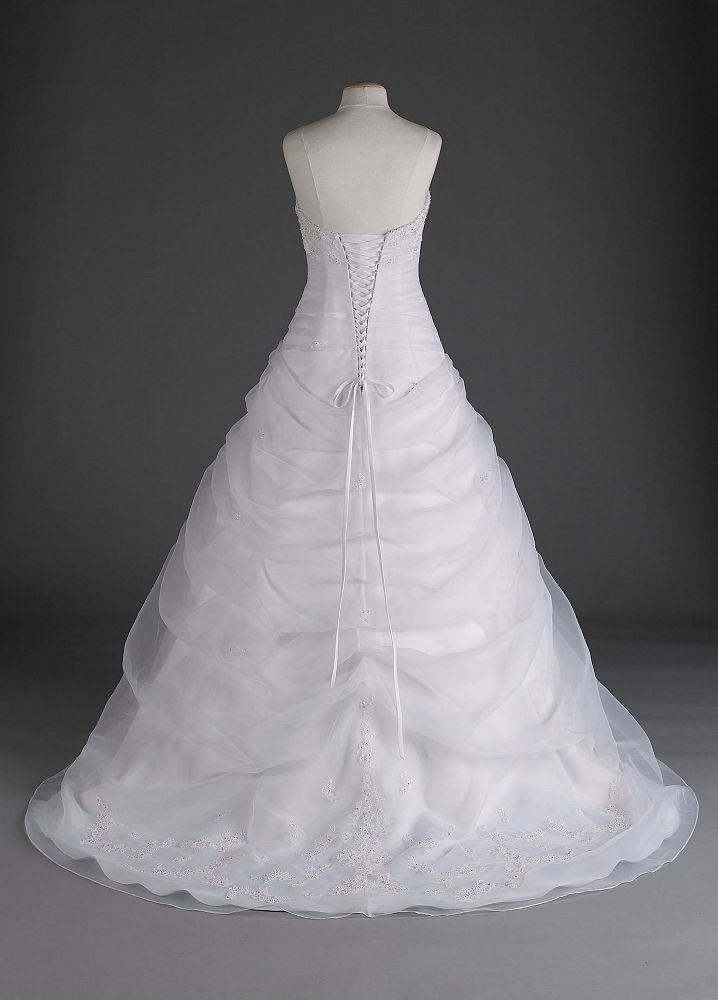 David's Bridal Collection Wedding Dress: Organza Draped Pick-up with Beaded Lace Empire Style