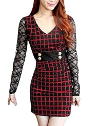 V-neck Cotton Above the Knee Sheath Long Sleeves Lace Fitted Plaid Print  Dress