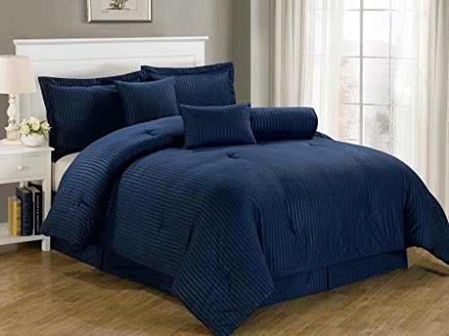 Chezmoi Collection 7pcs Hotel Damask Dobby Stripe Comforter Set King, Navy Blue